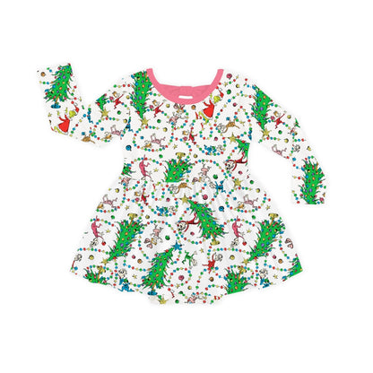 Christmas Tree Light Green Face Long Sleeve Twirl Dress With Bodysuit