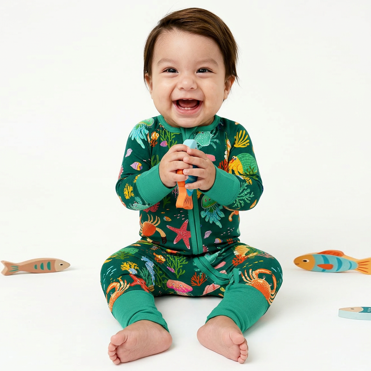 Baby Bamboo Zipper Pajama Romper Ocean Crab and Coral Reef Green