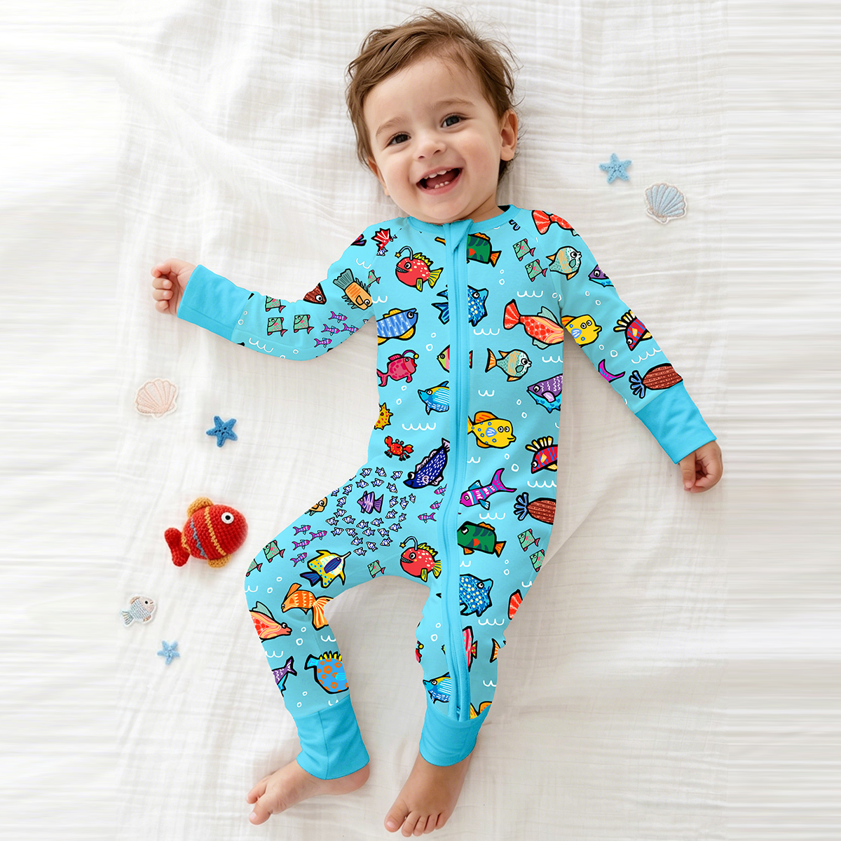 Baby Bamboo Zipper Pajama Romper Blue Ocean Fish Frenzy