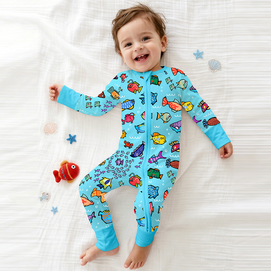 Blue Ocean Fish Frenzy Bamboo Zipper Romper Pajamas