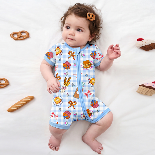 Sweet Bakery and Flower Bow in Blue Check Short Bamboo Zippy Baby Romper