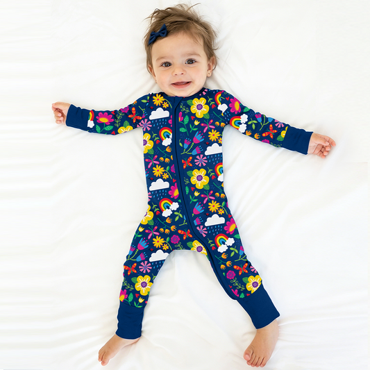 Sunny Rainbow Garden and Playful Petals Bamboo Zipper Romper Pajamas
