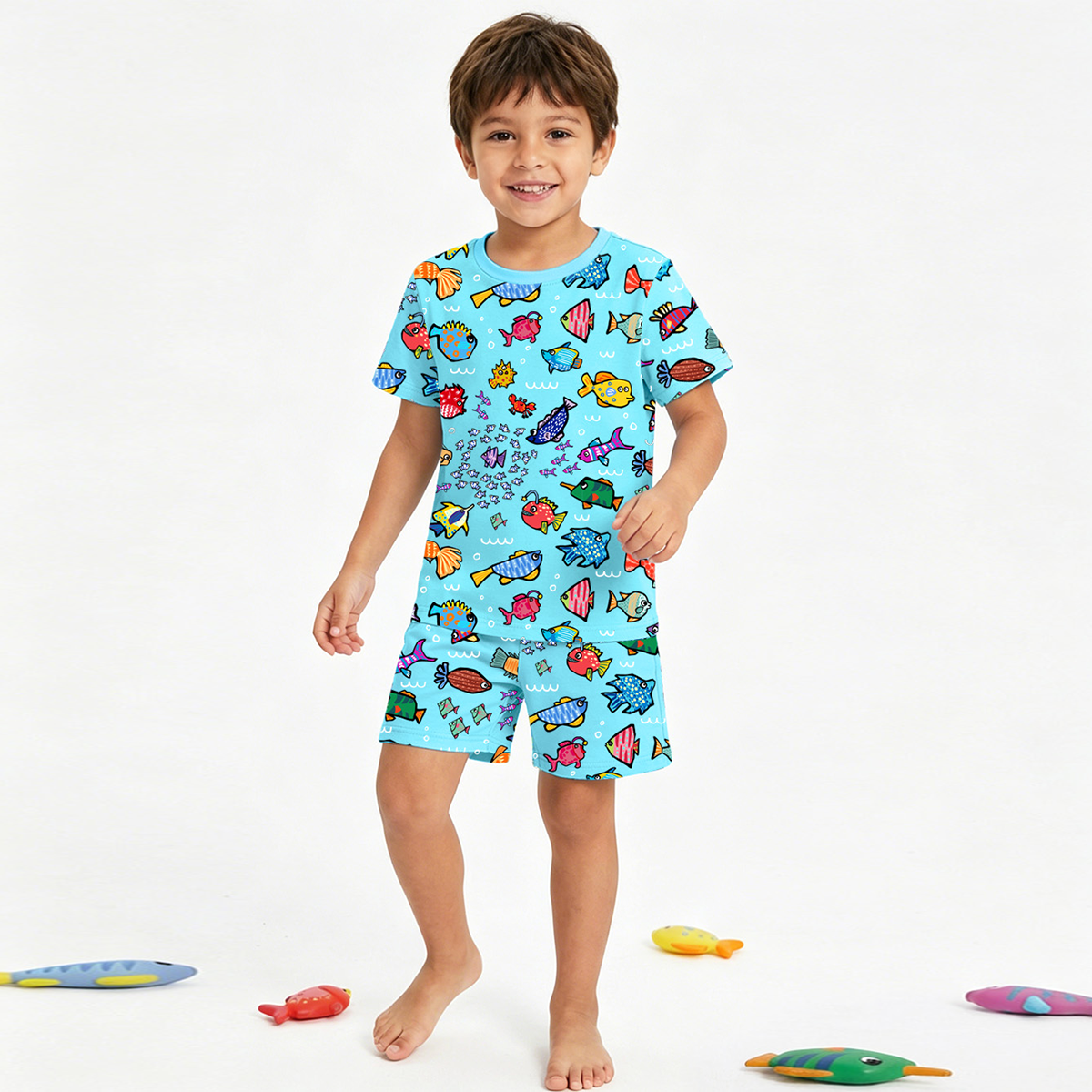 Kids Bamboo Two-Piece Pajama Set Blue Ocean Fish Frenzy