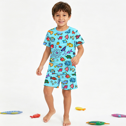 Blue Ocean Fish Frenzy Kids Bamboo Two-Piece Pajama Short Sleeve Set