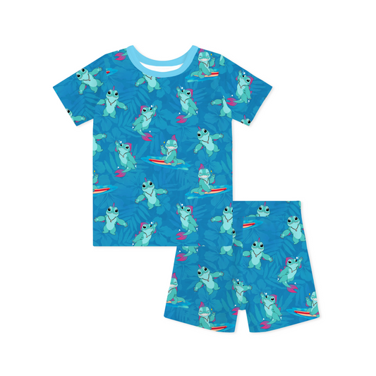 Surfing Dino Ocean Island Kids Bamboo Two-Piece Pajama Short Sleeve Set