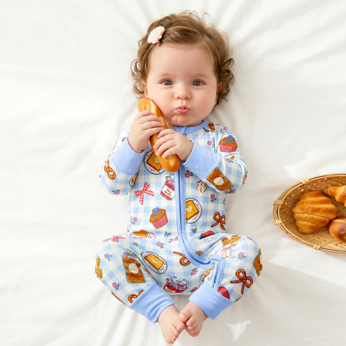 Baby Bamboo Zipper Pajama Romper Sweet Bakery and Flower Bow in Blue Check