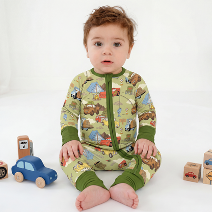 Summer Forest Camping Cars Bamboo Zipper Romper Pajamas