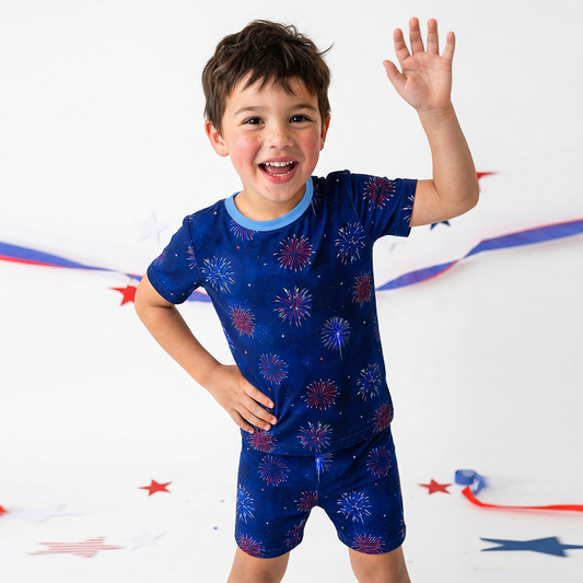 4th of July Colorful Firework Twinkle Stars Navy Bamboo Two-Piece Pajama Short Sleeve Set