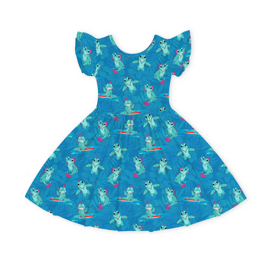 Surfing Dino Ocean Island Kids Bamboo Short Sleeves Dress