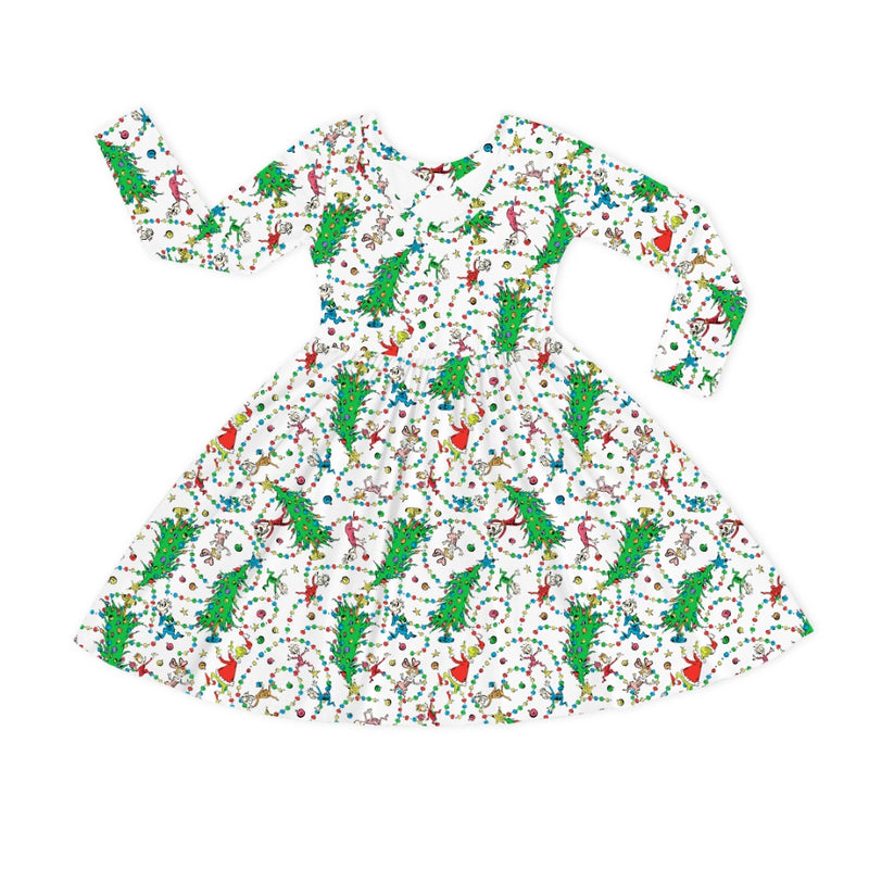 Christmas Tree Light Green Face Kids Bamboo Long Sleeves Dress