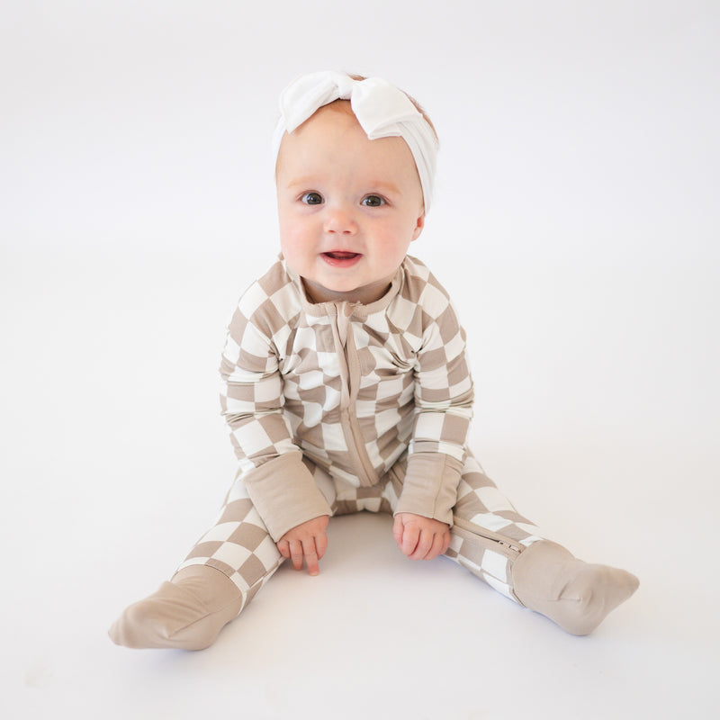 Light Gray Checkerboard Bamboo Zipper Romper Pajamas