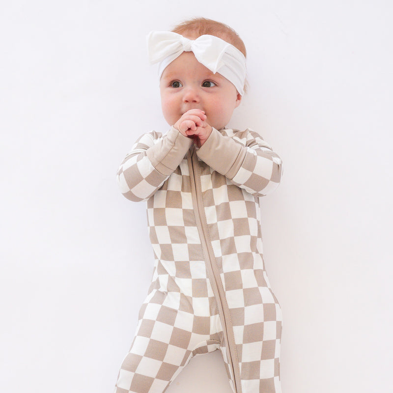 Light Gray Checkerboard Bamboo Zipper Romper Pajamas