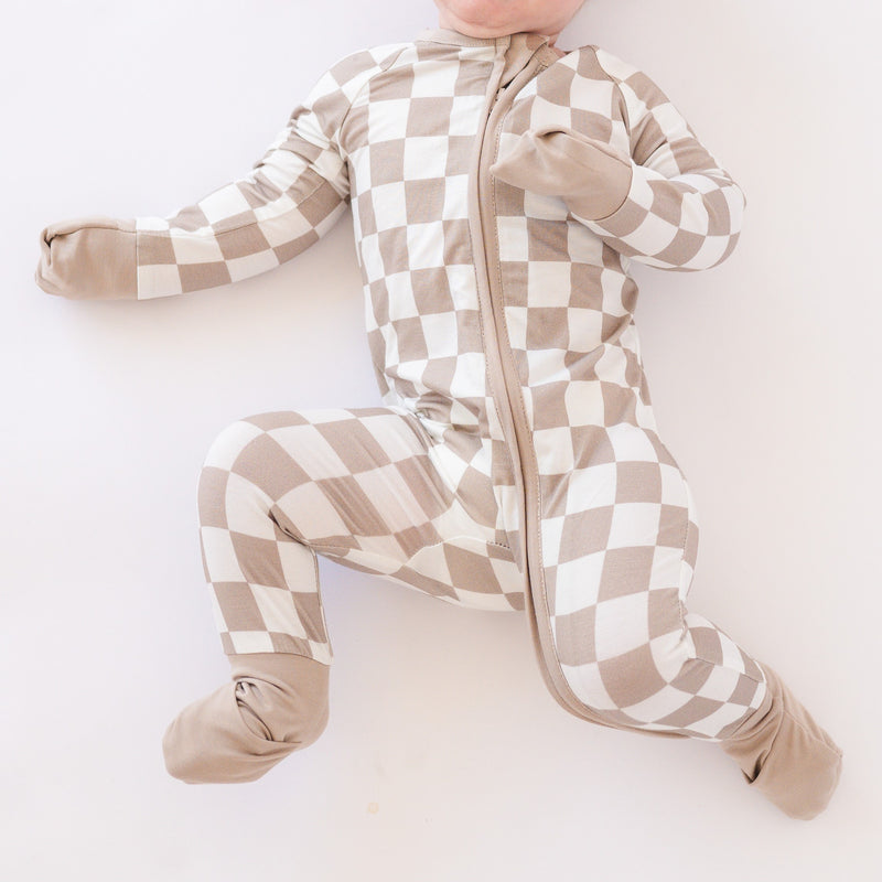 Light Gray Checkerboard Bamboo Zipper Romper Pajamas