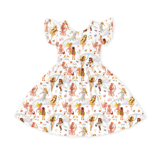 Dancing Fairy Friends Rainbow Flowers Journey Kids Bamboo Short Sleeves Dress