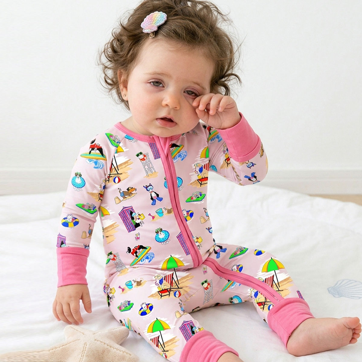 Seaside Surf Pup On Sunny Beach Pink Bamboo Zipper Romper Pajamas 1 bamboo clothing design - baby apparel bamboo clothing with custom design - baby wear front view