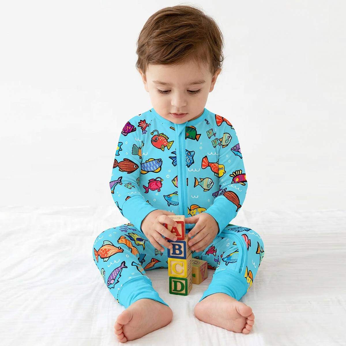 Baby Bamboo Zipper Pajama Romper Blue Ocean Fish Frenzy