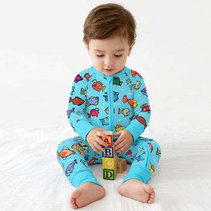 Baby Bamboo Zipper Pajama Romper Blue Ocean Fish Frenzy