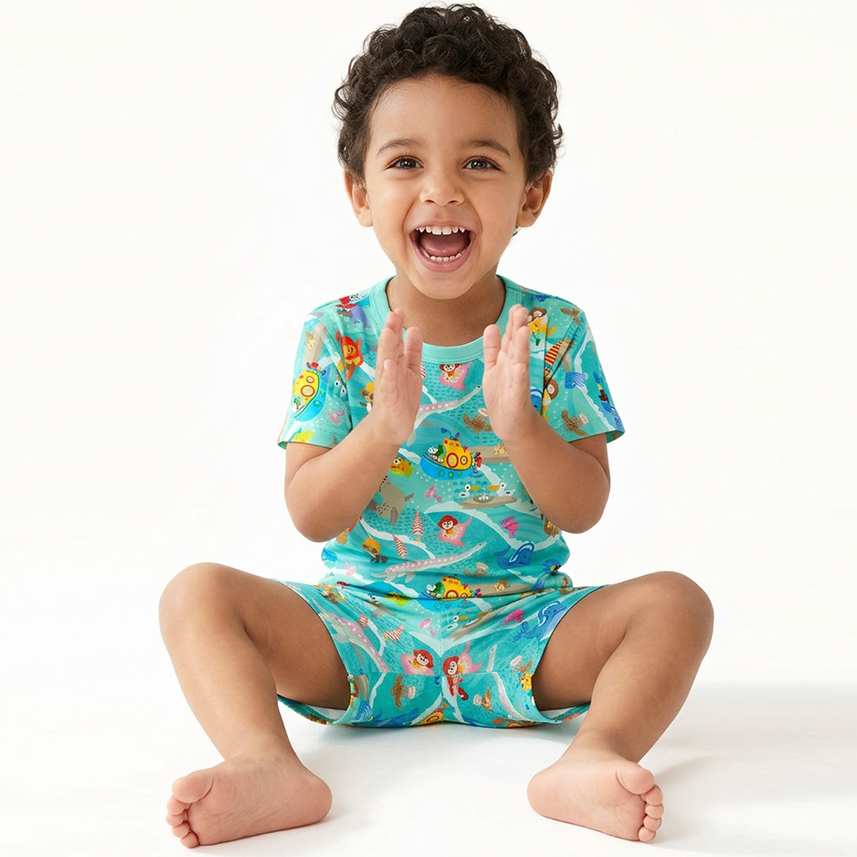 Kids Bamboo Two-Piece Pajama Set Ocean Sailboat and Sea Animal Parade