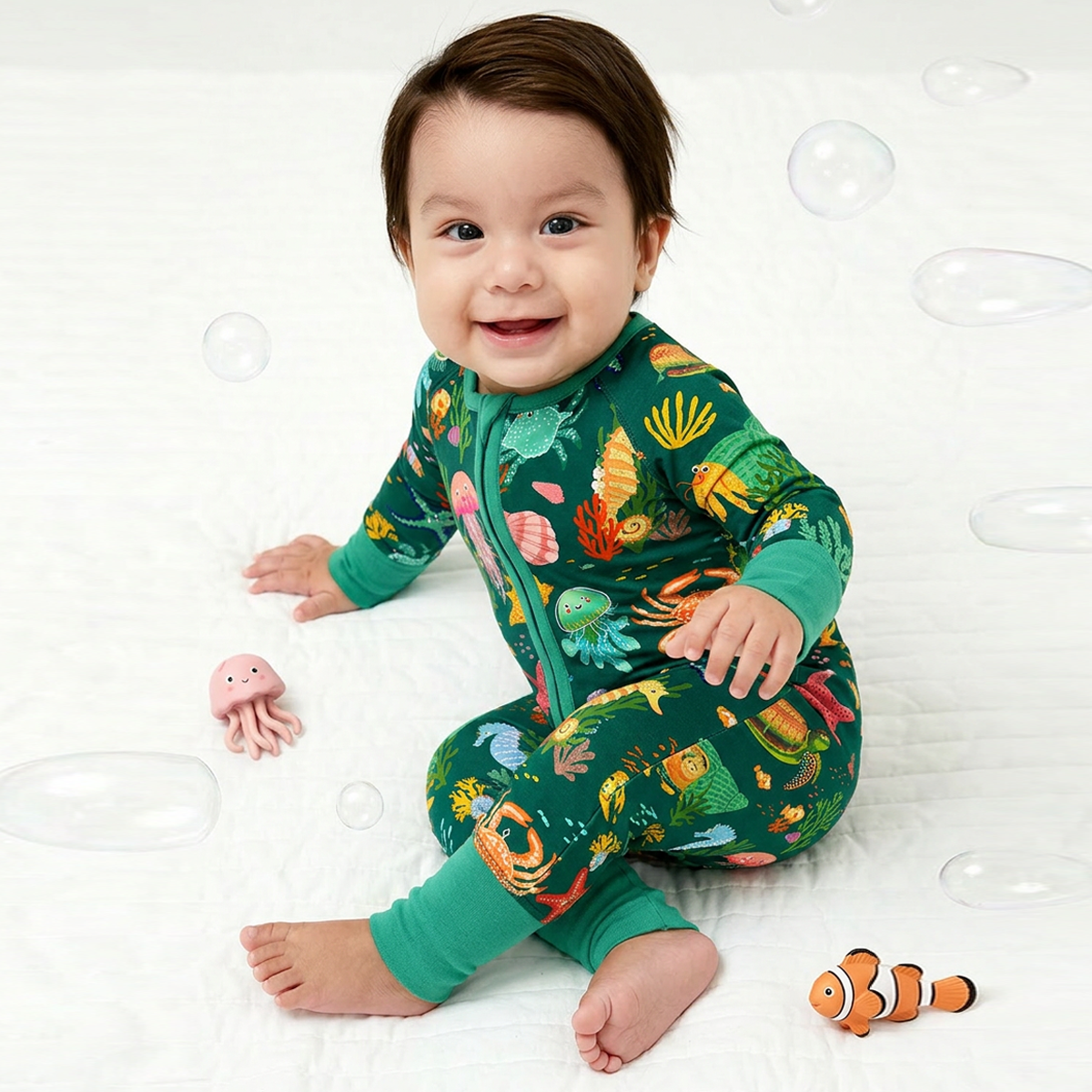 Baby Bamboo Zipper Pajama Romper Ocean Crab and Coral Reef Green