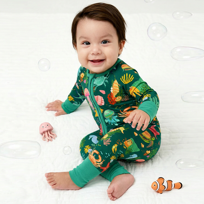 Baby Bamboo Zipper Pajama Romper Ocean Crab and Coral Reef Green