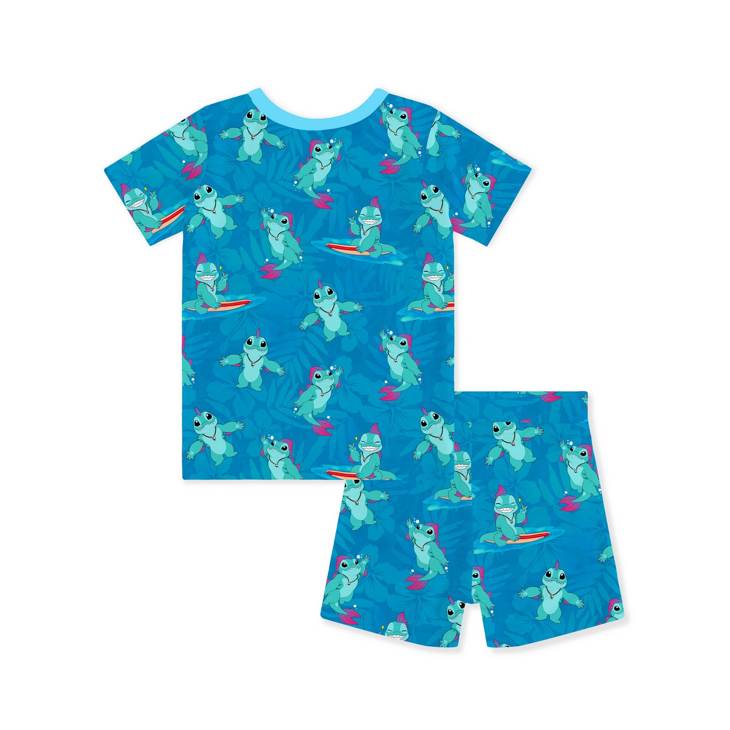 Surfing Dino Ocean Island Kids Bamboo Two-Piece Pajama Short Sleeve Set