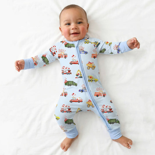 Valentine Hearts on Wheels Bamboo Zipper Romper Pajamas