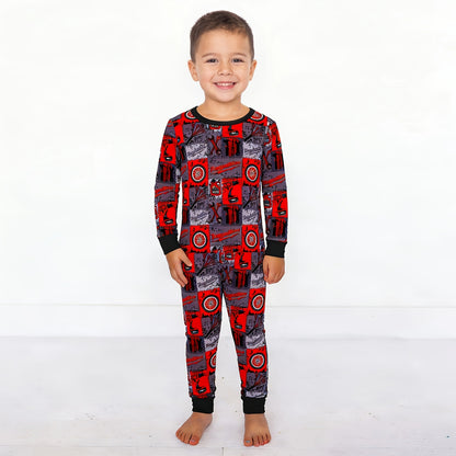 Kids Bamboo Two-Piece Pajama Set Red-Black Plaid Drive Wheels and Tools Game