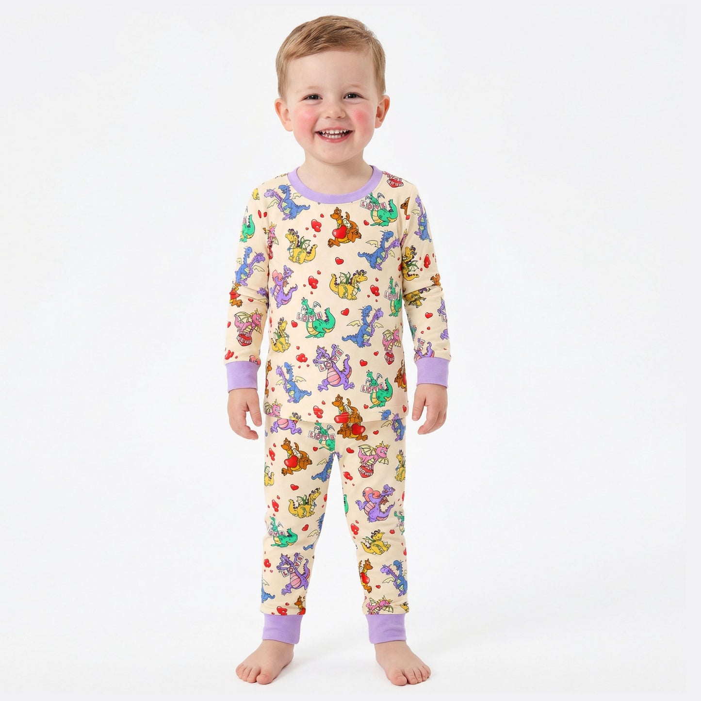 Valentine Dino Love Adventure and Hearts Kids Bamboo Two-Piece Pajama Set