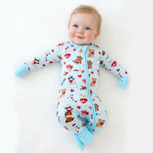 Valentine Heart Puppy Cuddle Crew Blue Bamboo Zipper Romper Pajamas
