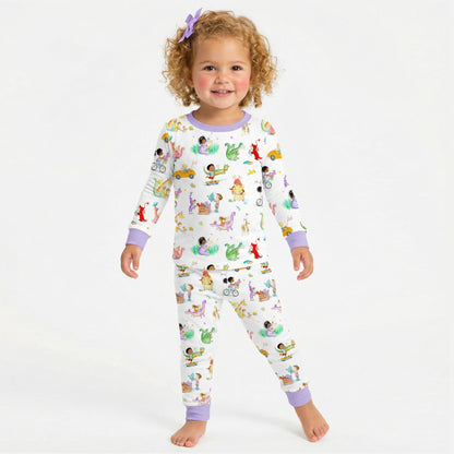 Kids Bamboo Two-Piece Pajama Set Whimsy Wild Dragons and Cars