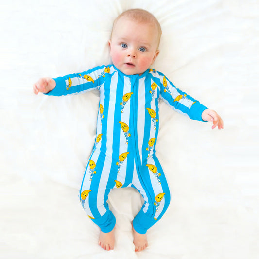 Blue Stripe Banana Friends Bamboo Zipper Romper Pajamas