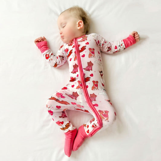 Valentine Heart Puppy Cuddle Crew Pink Bamboo Zipper Romper Pajamas