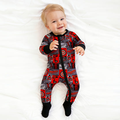 Baby Bamboo Zipper Pajama Romper Red-Black Plaid Drive Wheels and Tools Game