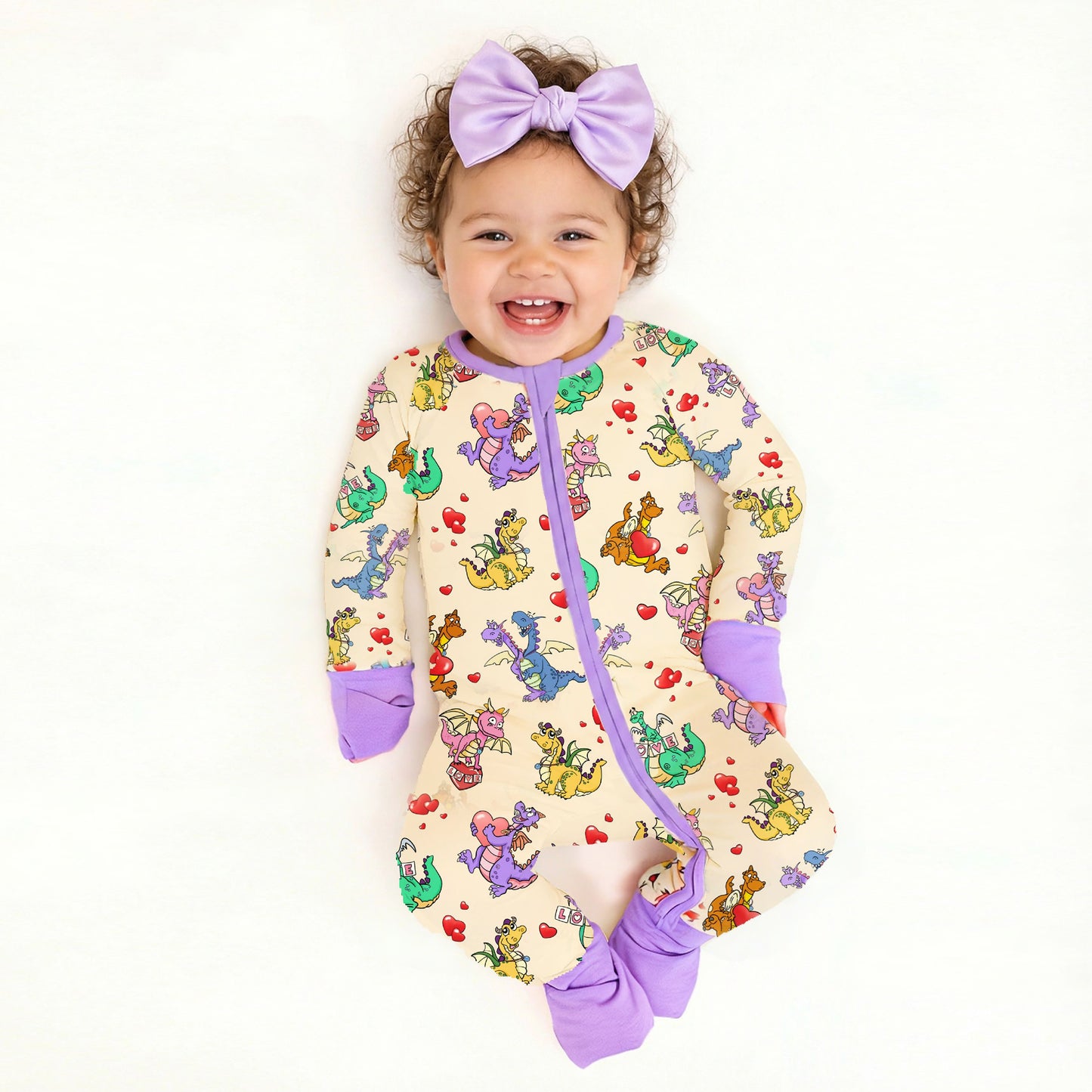 Valentine Dino Love Adventure and Hearts Baby Bamboo Zipper Pajama Romper