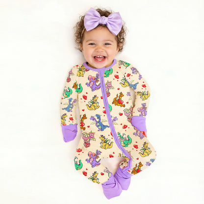 Valentine Dino Love Adventure and Hearts Baby Bamboo Zipper Pajama Romper