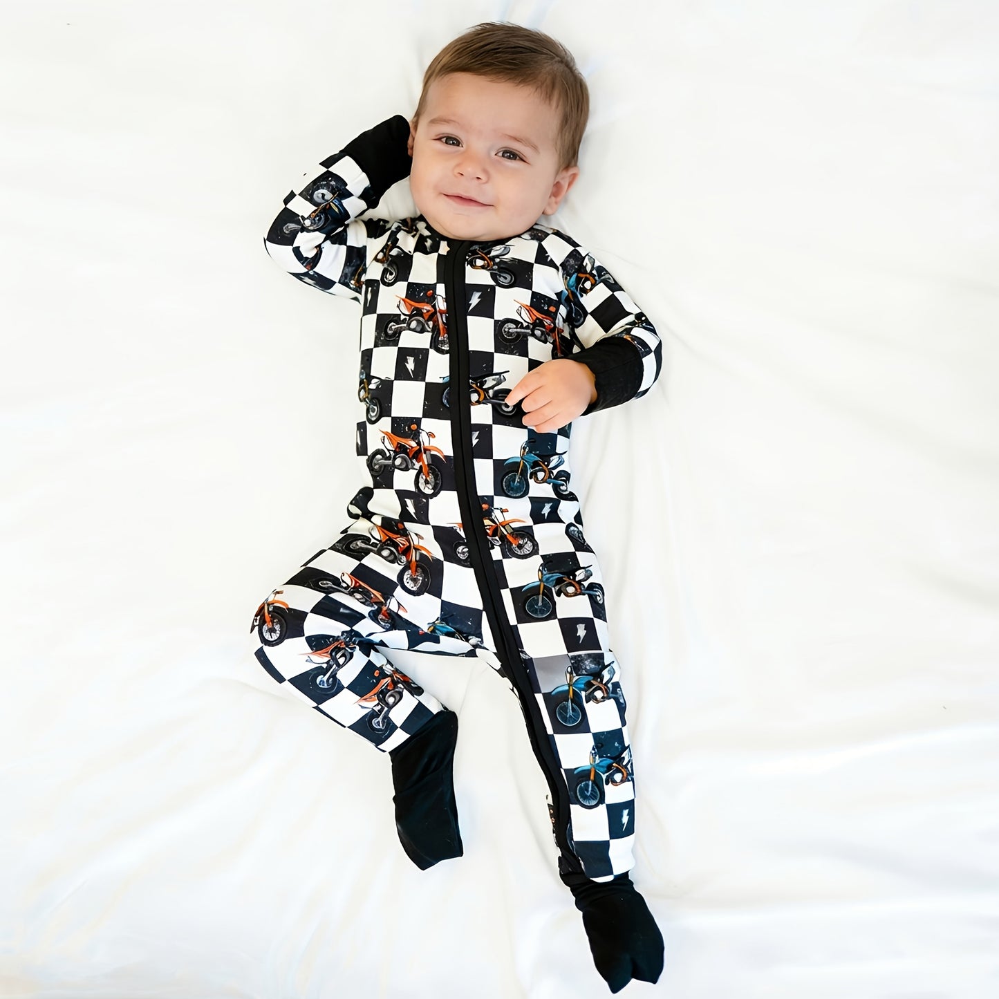 Baby Bamboo Zipper Pajama Romper Black-White Checkered Motorcycle and Lightning