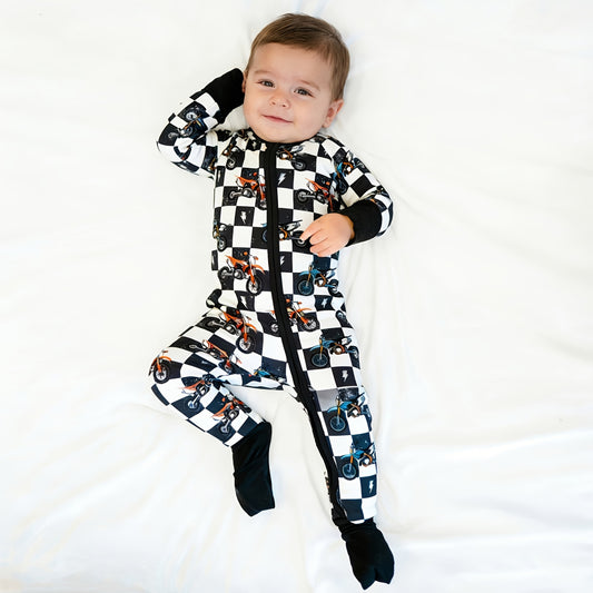 Black-White Checkered Motorcycle and Lightning Bamboo Zipper Romper Pajamas