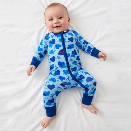 Baby Bamboo Zipper Pajama Romper Blue Love and Heart Hugs