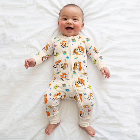 Playful Pups Foxs and Butterflies Bamboo Zipper Romper Pajamas