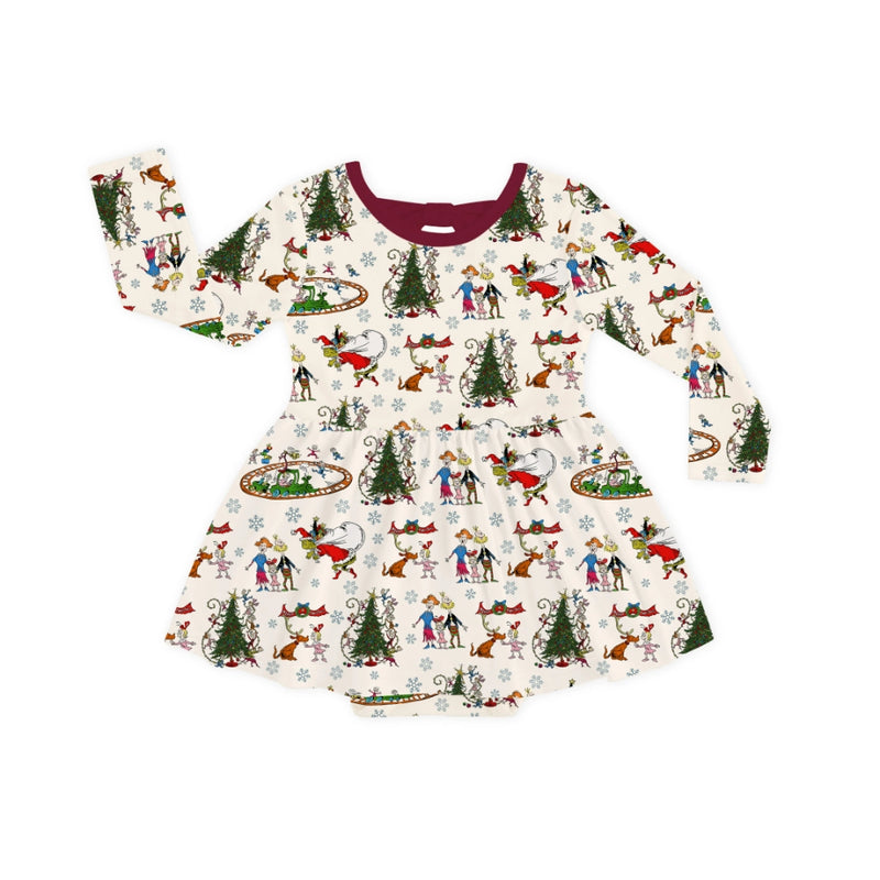 Christmas Snowflake Green Face Dog Long Sleeve Twirl Dress With Bodysuit