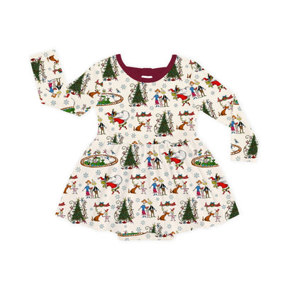 Christmas Snowflake Green Face Dog Long Sleeve Twirl Dress With Bodysuit