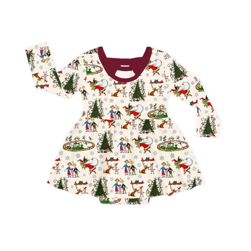 Christmas Snowflake Green Face Dog Long Sleeve Twirl Dress With Bodysuit