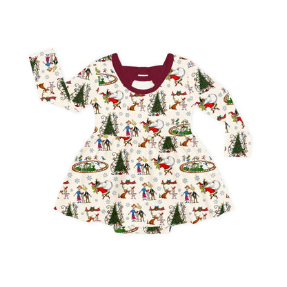 Christmas Snowflake Green Face Dog Long Sleeve Twirl Dress With Bodysuit