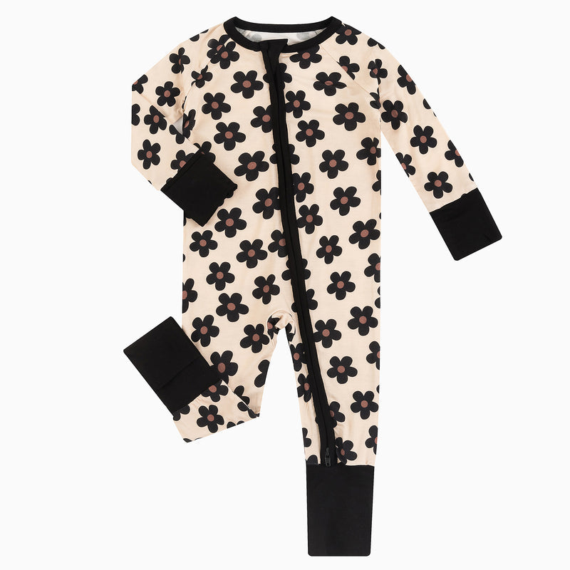 Black Daisy Bamboo Zipper Romper Pajamas