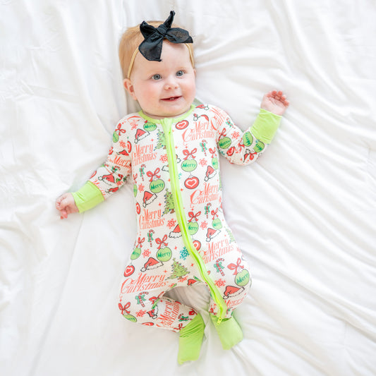 Merry Christmas Santa Hat Baby Bamboo Zipper Romper Pajamas