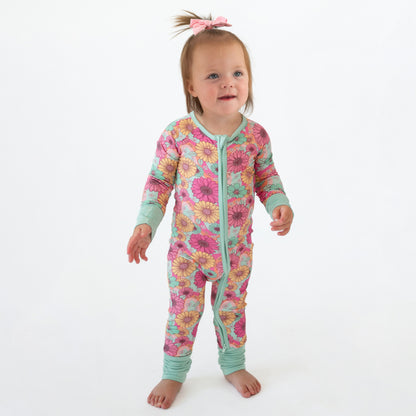 Blue Pink Flowers Bloom Bamboo Baby Zipper Romper Pajamas